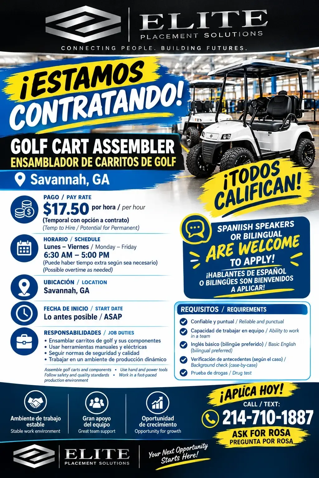 Posición de Ensamblador de Carritos de Golf Disponible en Savannah, GA