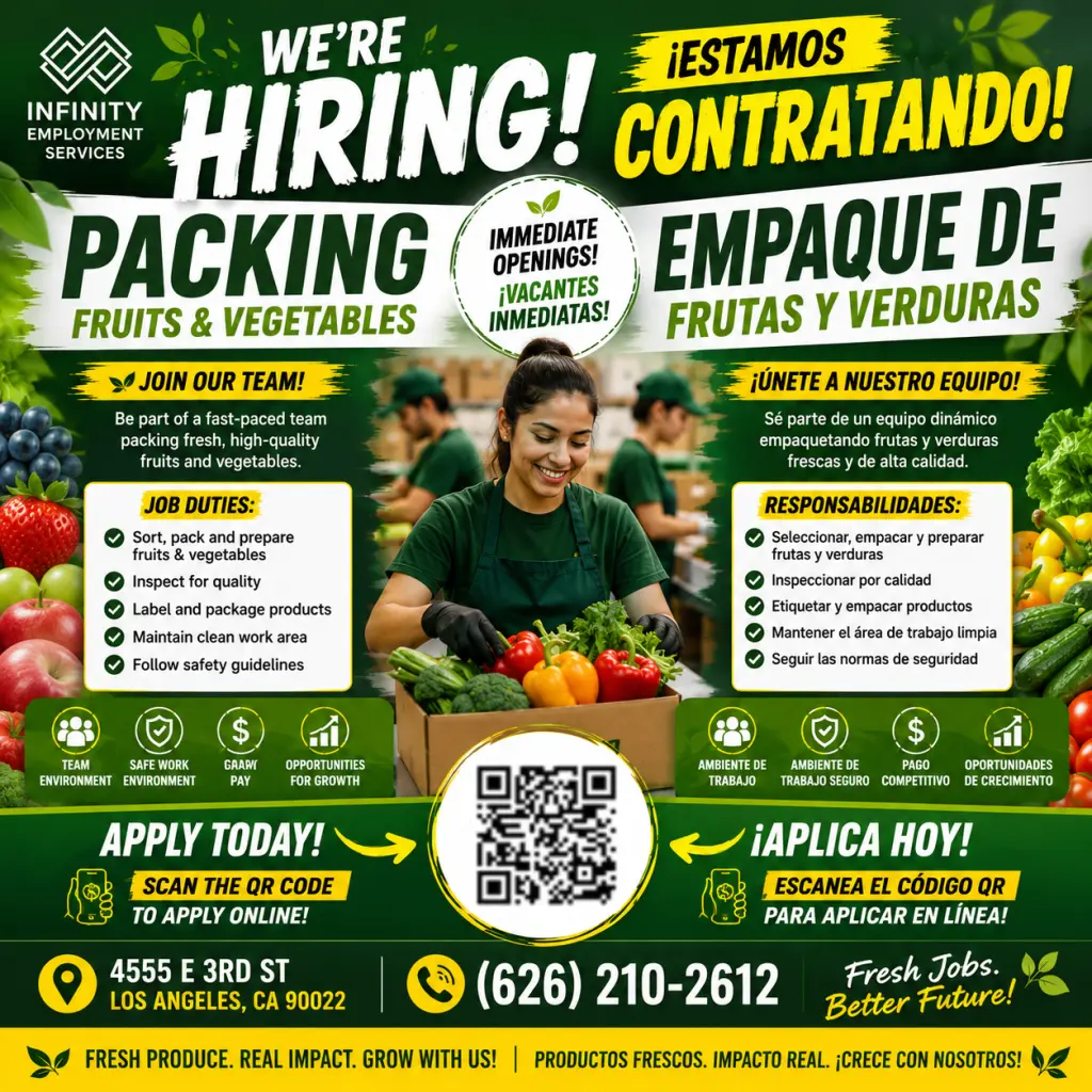 🍎 PACKING POSITIONS AVAILABLE | POSICIONES DE EMPAQUE DISPONIBLES 🥦