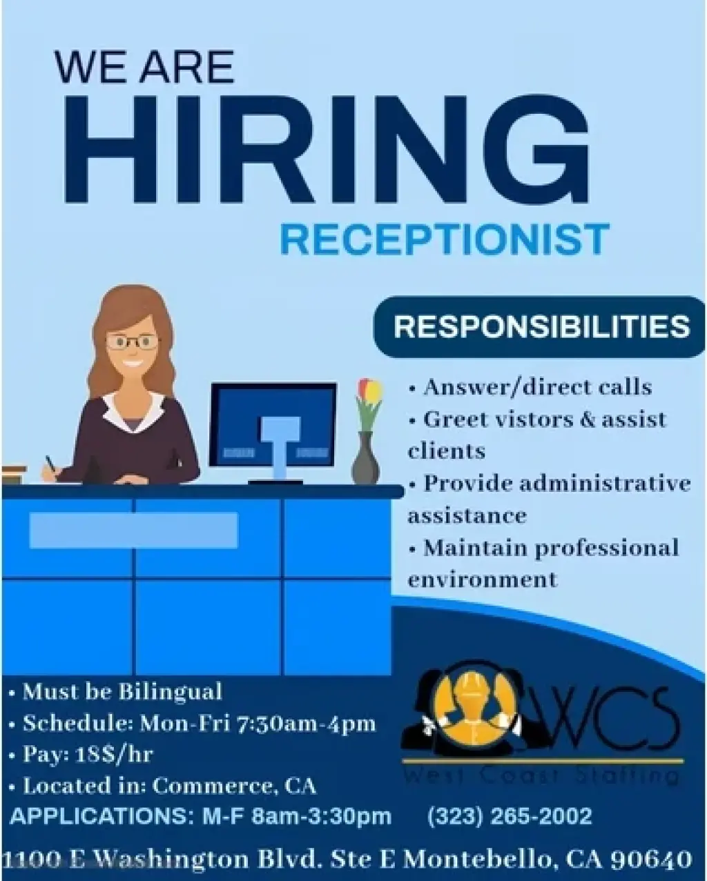 NOW HIRING RECEPTIONIST