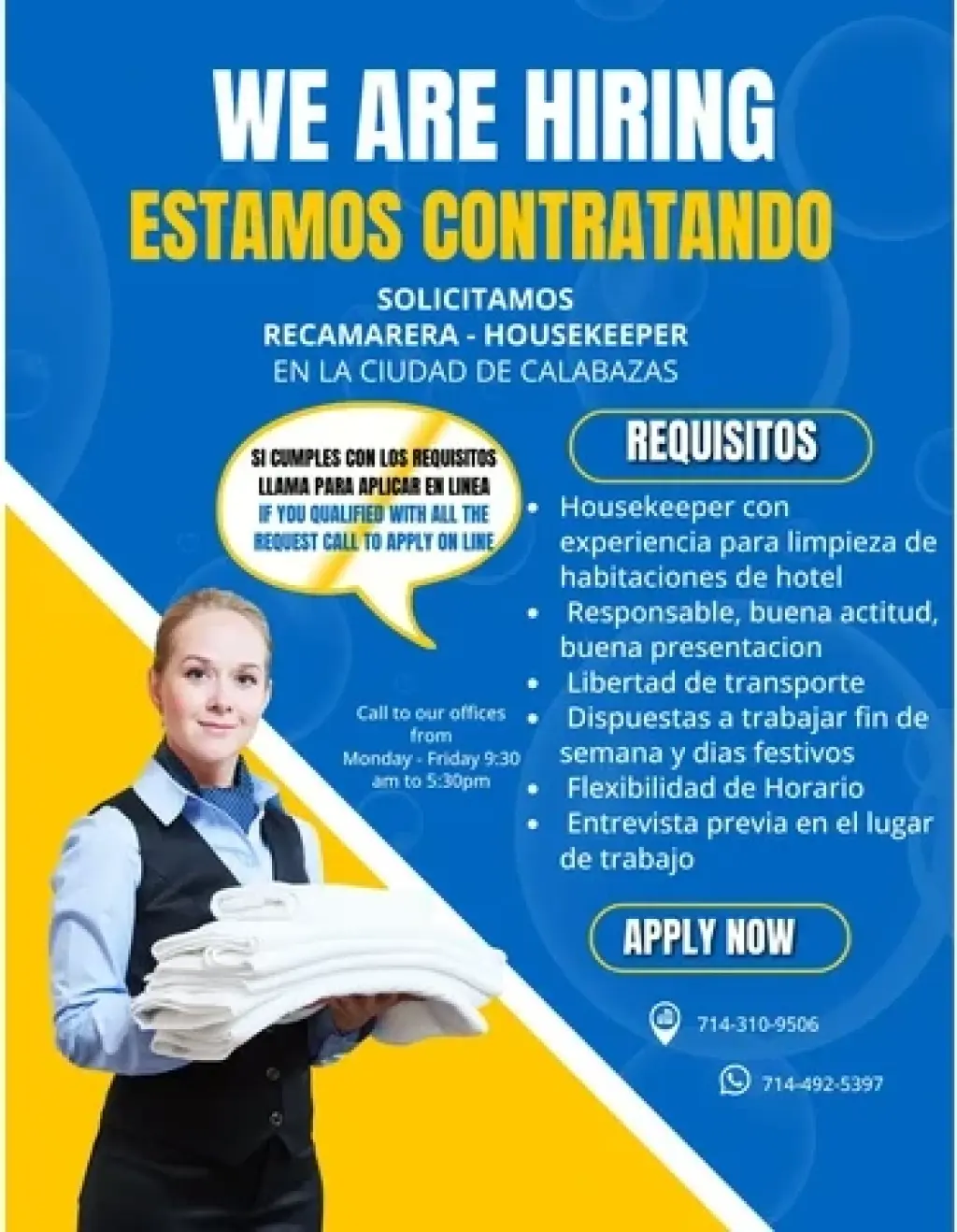 Se solicita recamarera Hotel