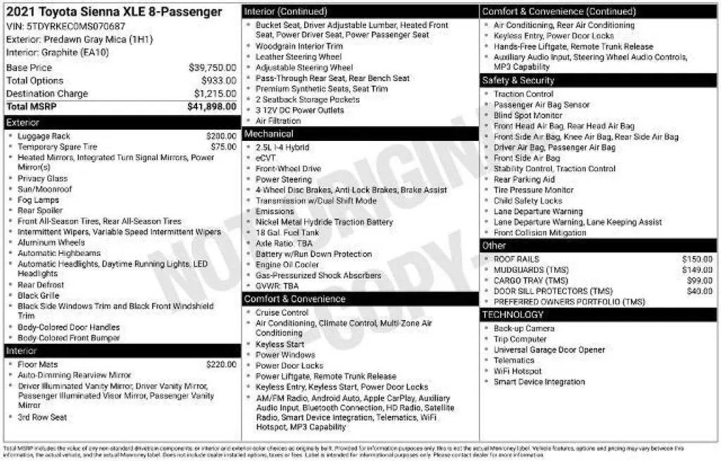 Toyota Sienna 2021 XLE 7-Passenger 4dr Mini-Van