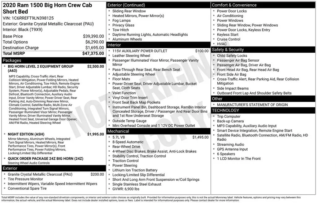 Ram 1500 2020 4x2 Big Horn 4dr Crew Cab 5.6 ft. SB Pickup