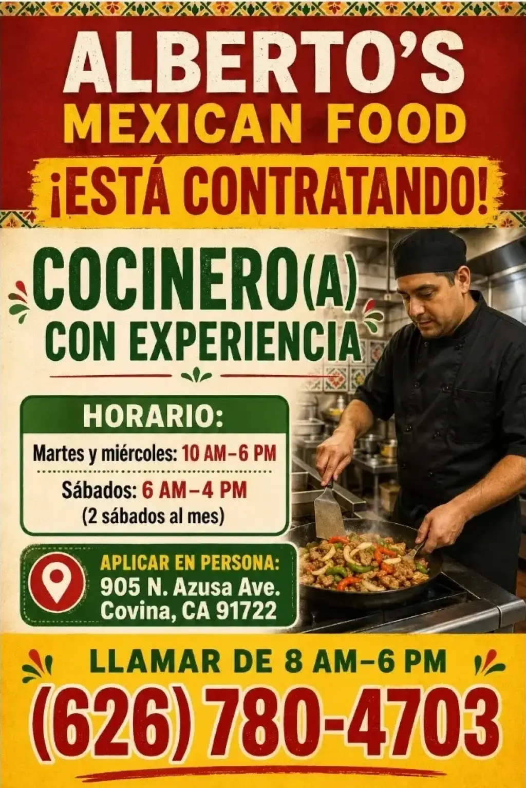 ALBERTO'S MEXICAN FOOD Solicita:  COCINERO(A) en Covina