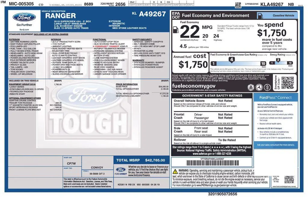 Ford Ranger 2019 4x4 Lariat 4dr SuperCrew 5.1 ft. SB