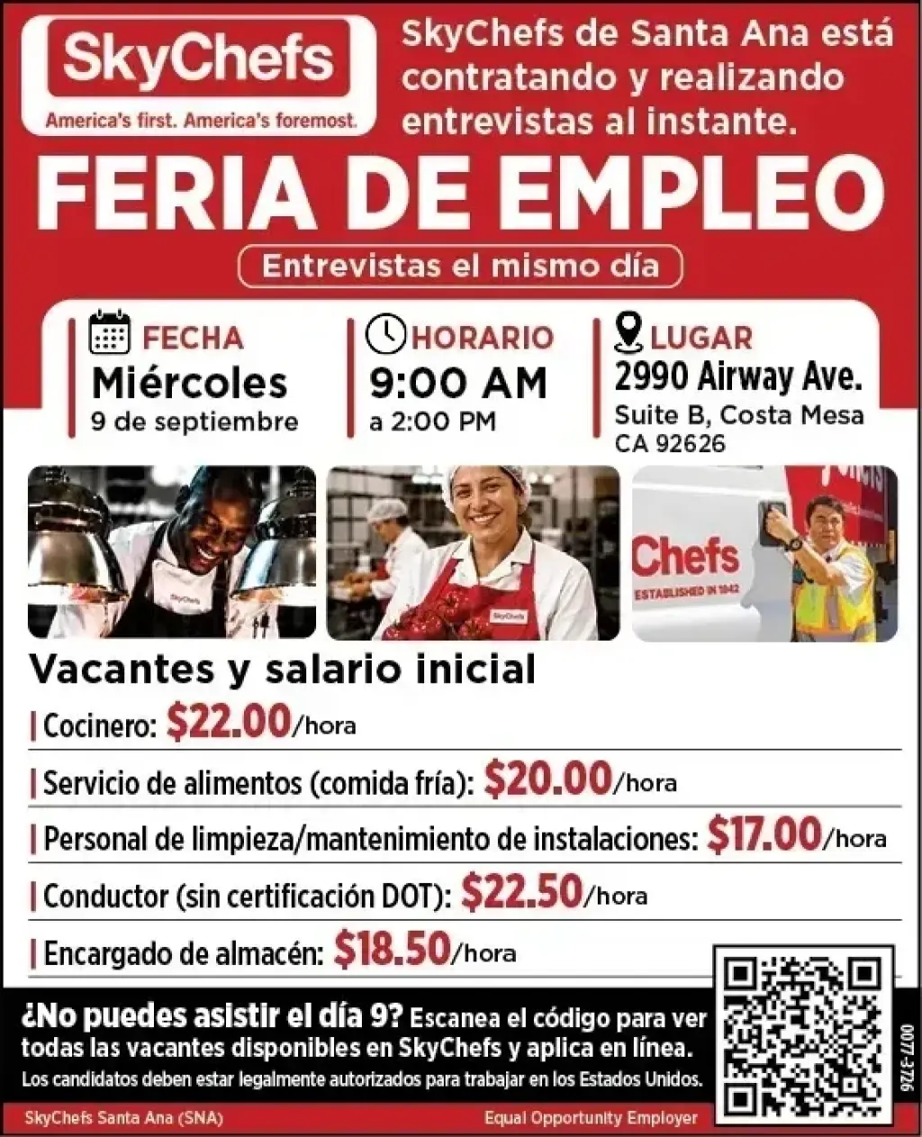 FERIA DE EMPLEO 🗓️ Miercoles 9 Sept 📍2990 Airway Ave Suite:B Costa Mesa