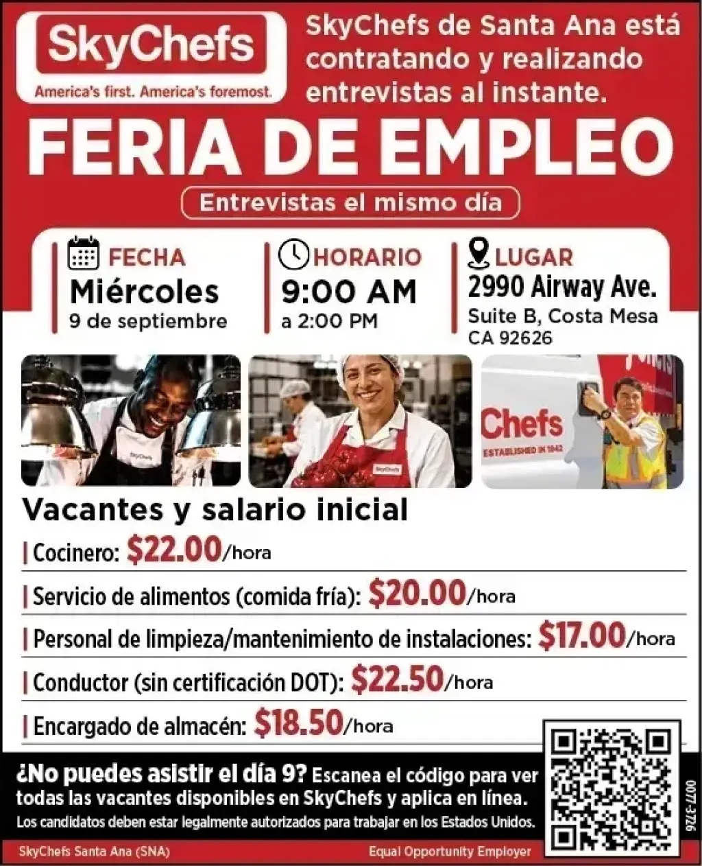 FERIA DE EMPLEO 🗓️ Miercoles 9 Sept 📍2990 Airway Ave Suite:B Costa Mesa