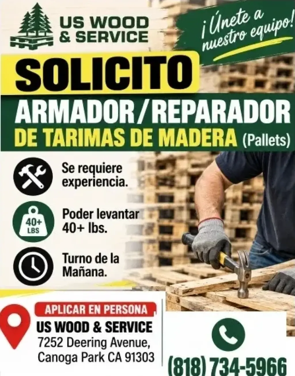 ARMADOR/ REPARADOR  DE TARIMAS DE MADERA (Pallets) 📍Canoga Park