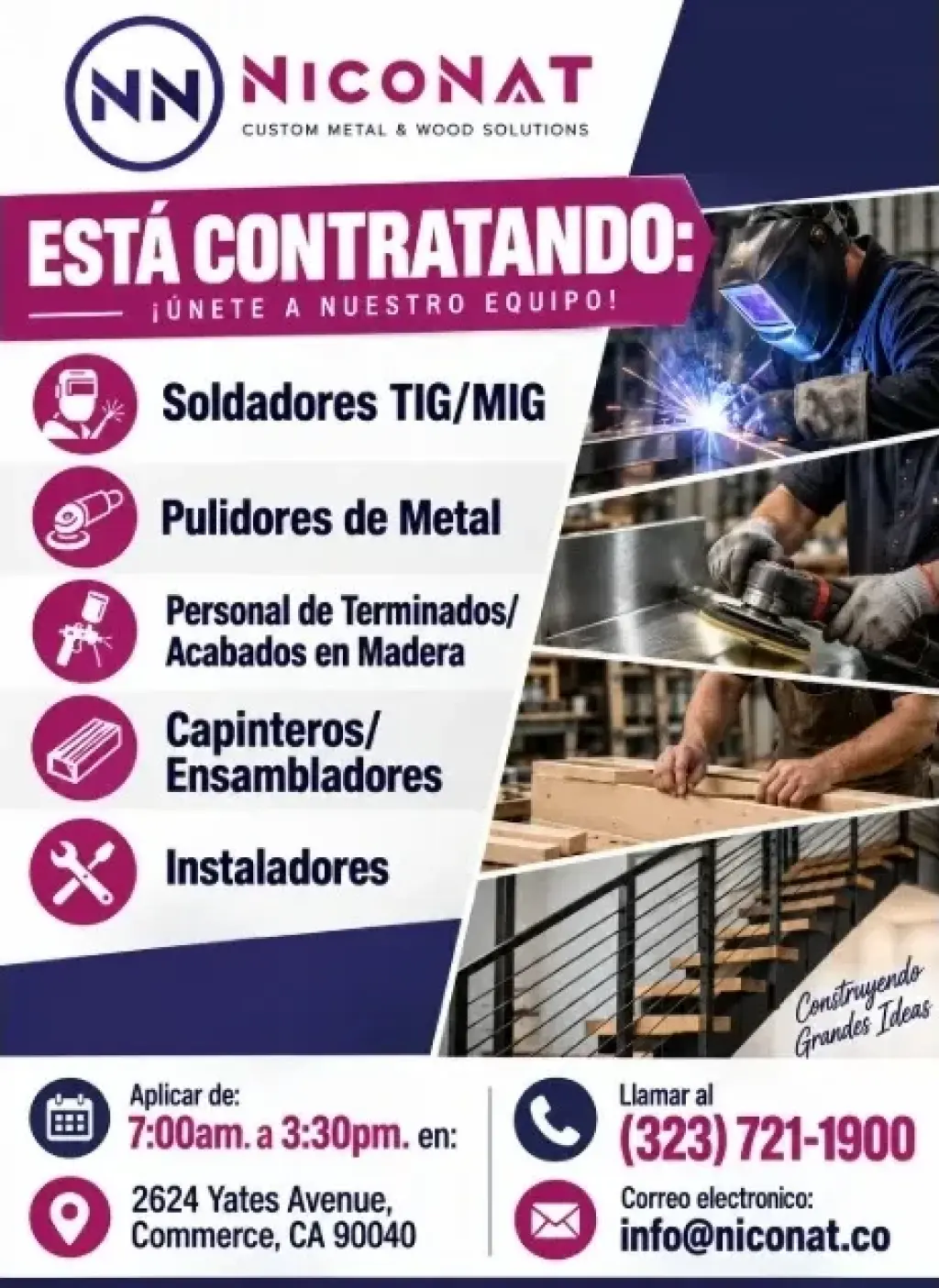 NICONAT- Solicita: 📌Soldadores📌 Pulidores📌 Carpinteros 📌Instaladores
