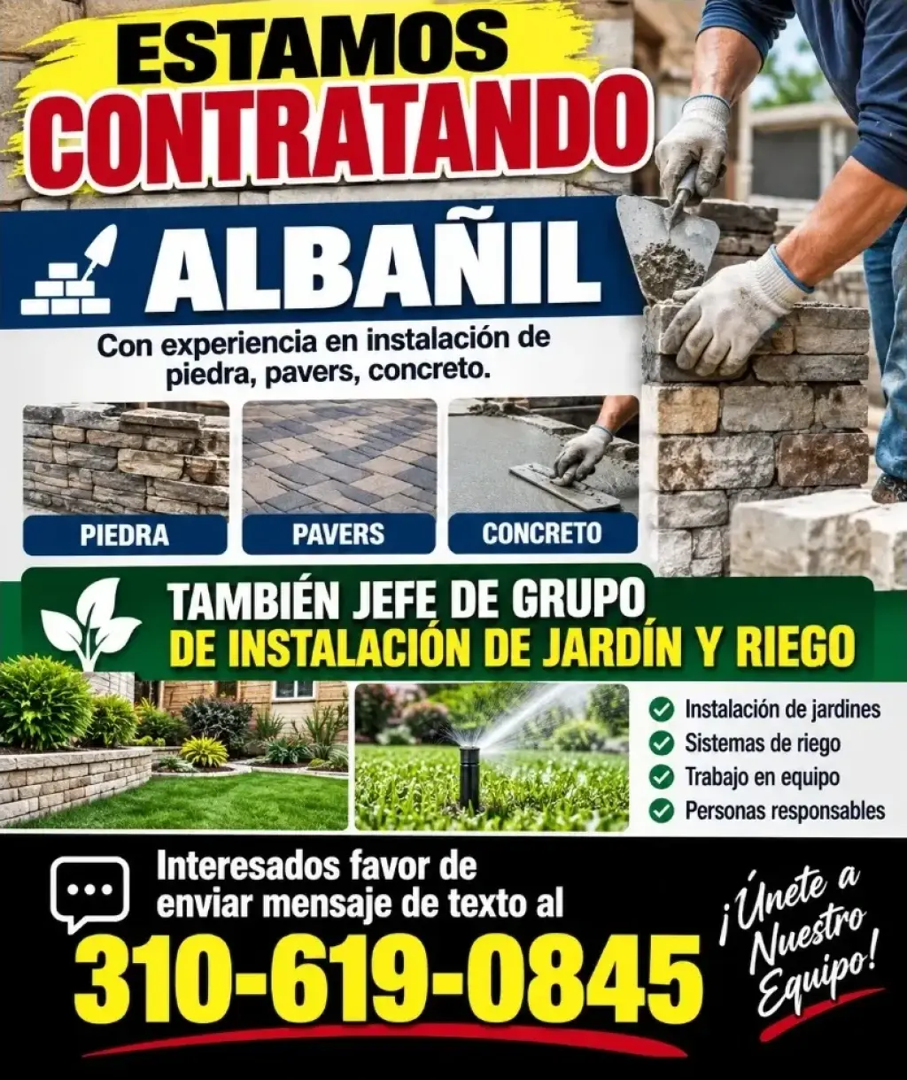 CONTRATANDO ALBAÑIL con experiencia en piedra, pavers, concreto.