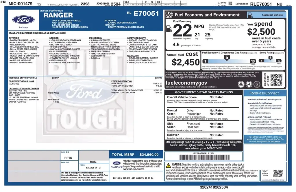 Ford Ranger 2024 4x2 XL 4p SuperCrew 5.5 ft. SB