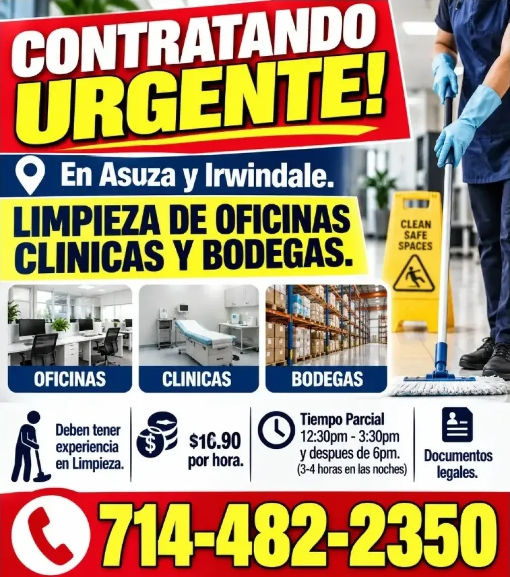 CONTRATANDO URGENTE! En 📍Asuza y📍 Irwindale.