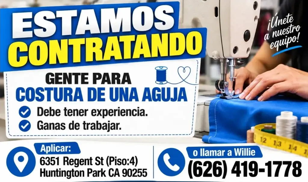 CONTRATANDO GENTE PARA COSTURA DE UNA AGUJA