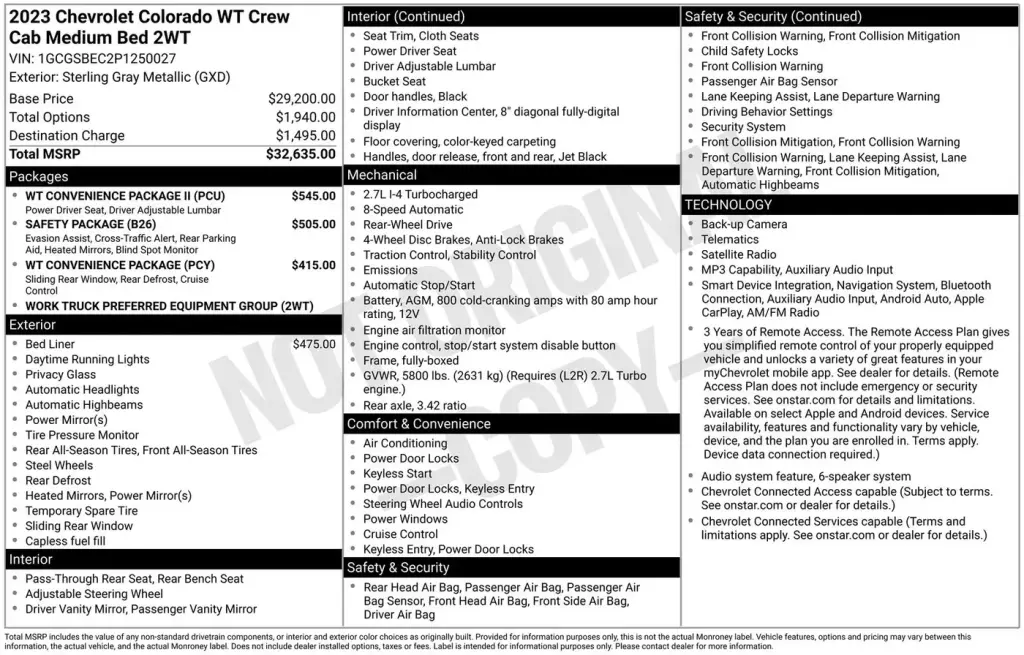 Chevrolet Colorado 2023 4x2 Work Truck 4dr Crew Cab 5 ft. SB