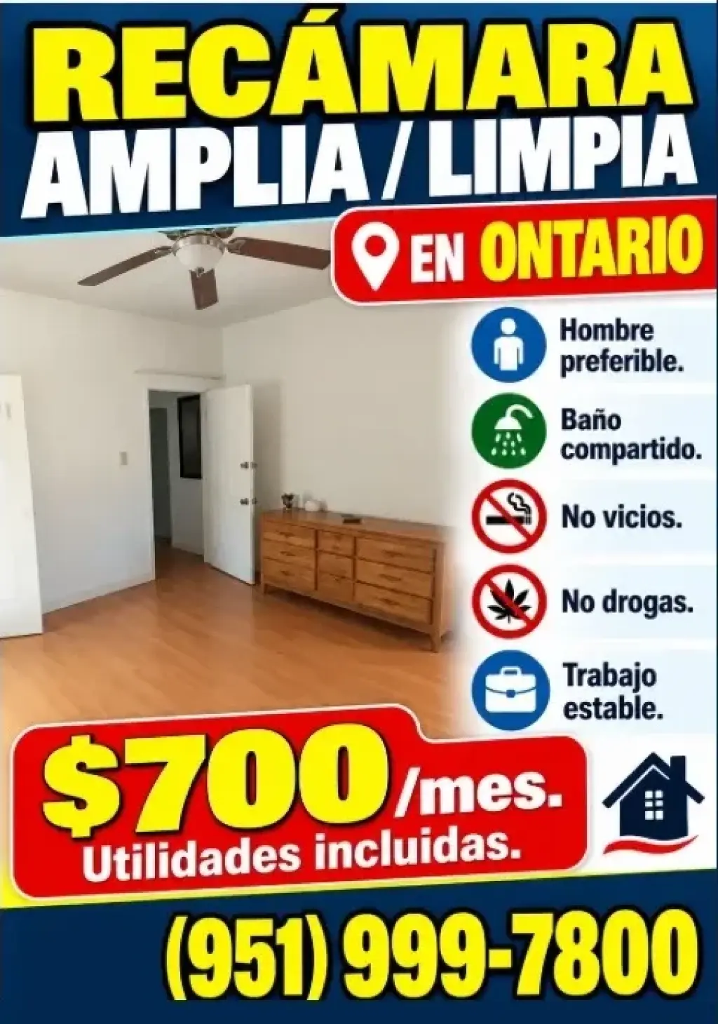 RECÁMARA AMPLIA en📍ONTARIO 📌$700/mes Utilidades incluidas.