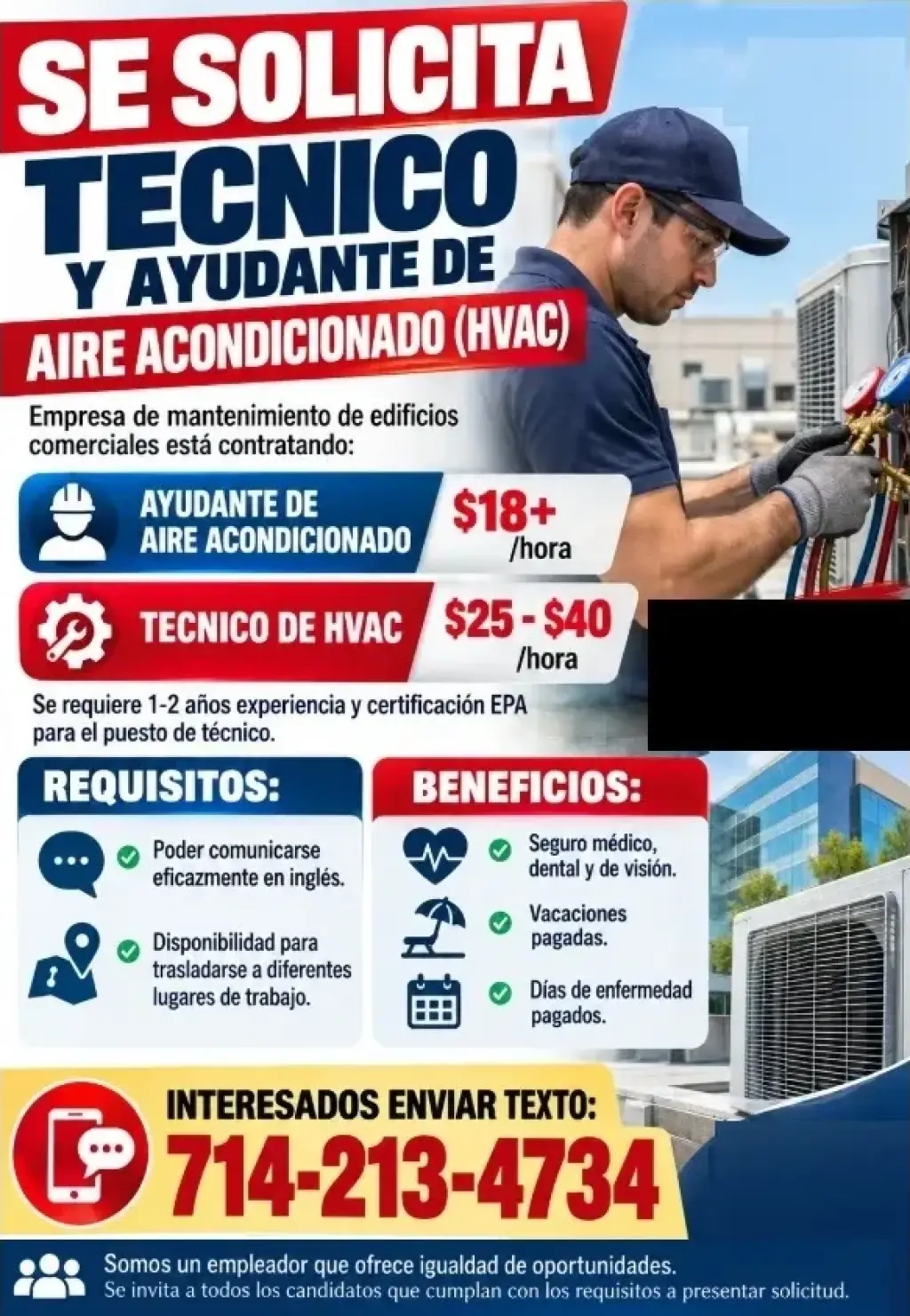 SE SOLICITA TÉCNICO   Y AYUDANTE DE   AIRE ACONDICIONADO (HVAC)