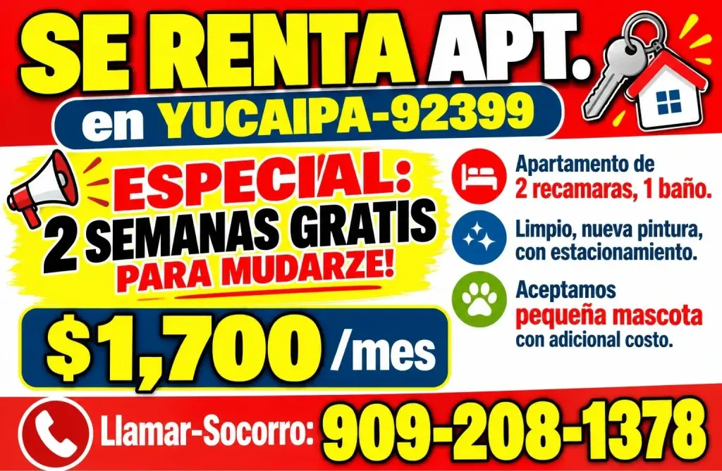 APT de 2rec📍YUCAIPA-92399 📣 2 SEMANAS GRATIS PARA MUDARSE ❗