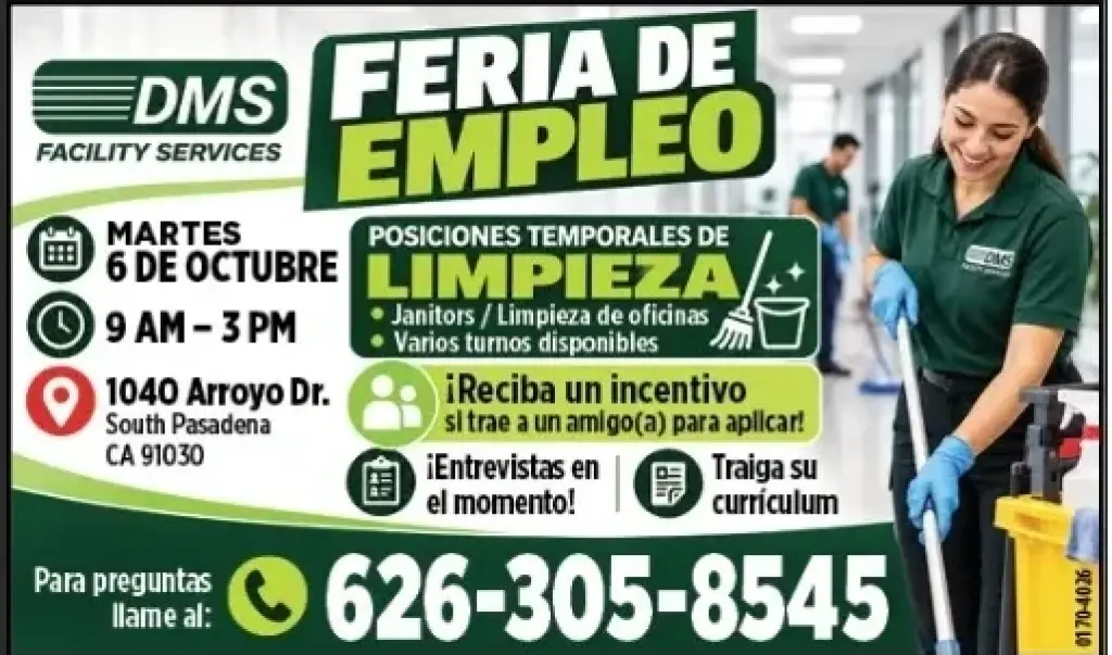 FERIA DE EMPLEO 📅 MARTES 6 DE OCTUBRE 📍1040 Arroyo Dr. South Pasadena