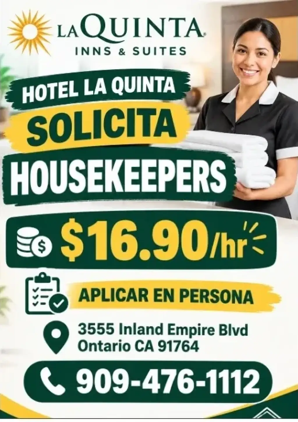 HOTEL LA QUINTA  📌 SOLICITA HOUSEKEEPERS en📍Ontario