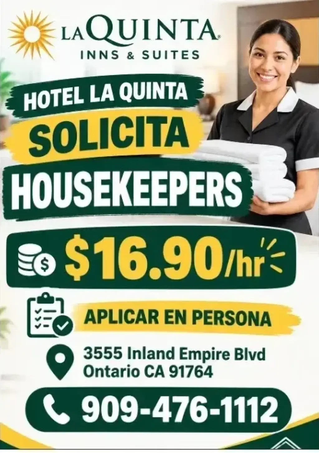 HOTEL LA QUINTA  📌 SOLICITA HOUSEKEEPERS en📍Ontario