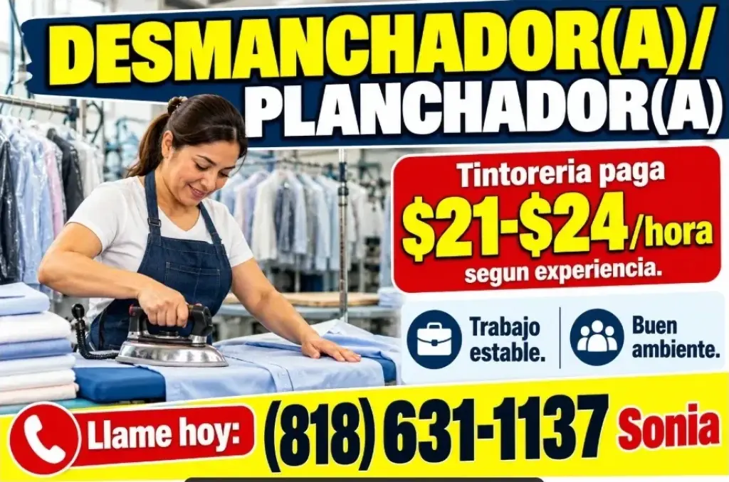 TINTORERÍA SOLICITA DESMANCHADOR(A)/ PLANCHADOR(A)