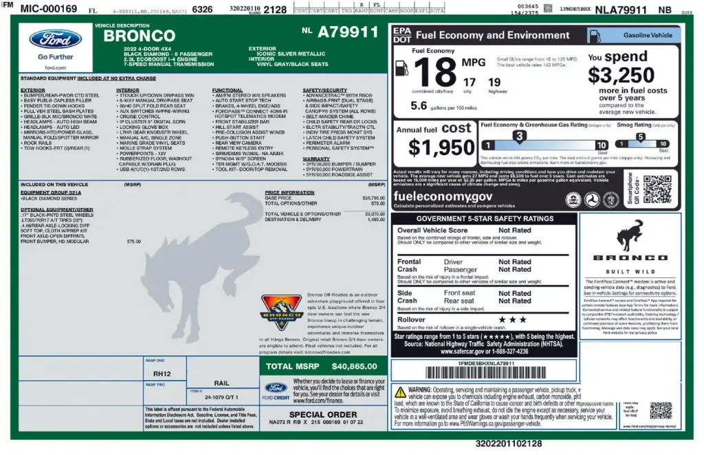 Ford Bronco 2022 4x4 Black Diamond SUV de 4 puertas