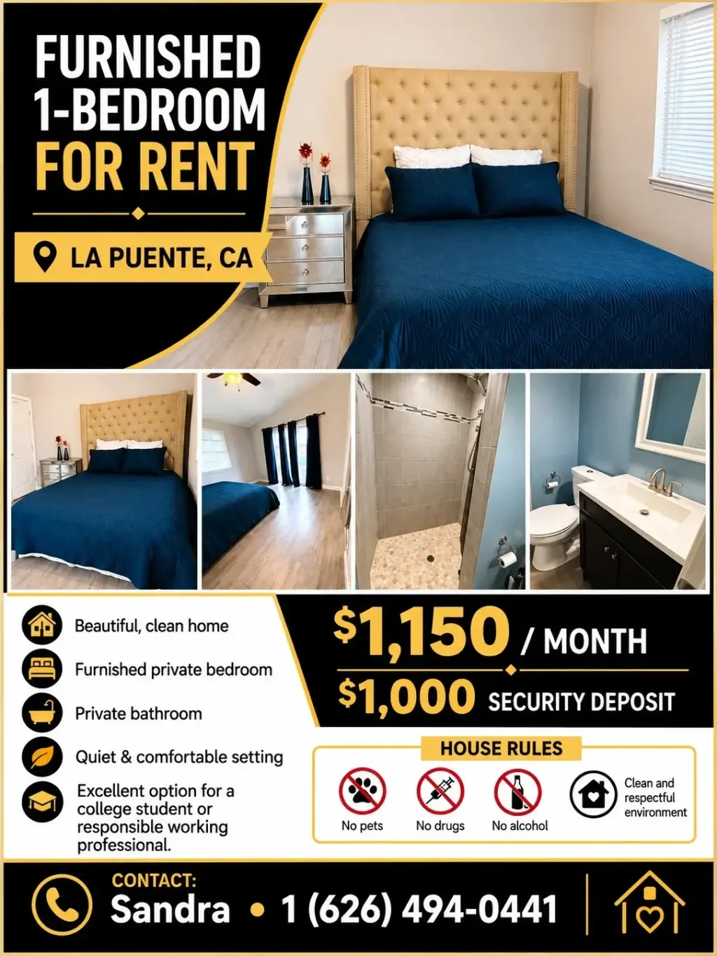 FURNISHED PRIVATE BEDROOM FOR RENT – LA PUENTE, CA
