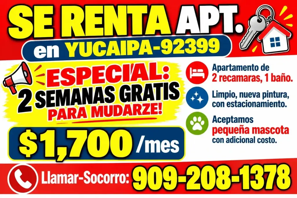 APT de 2rec📍YUCAIPA-92399 📣 2 SEMANAS GRATIS PARA MUDARSE ❗