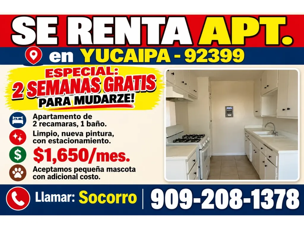SE RENTA APARTAMENTO DE 2 RECÁMARAS en 📍YUCAIPA-92399