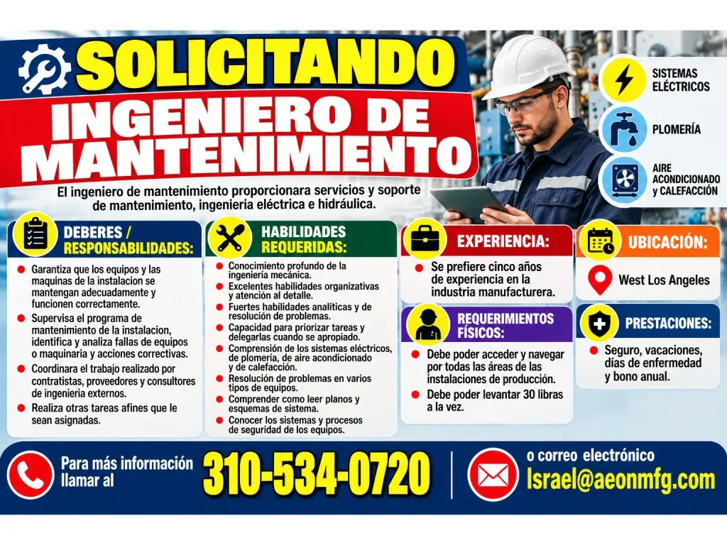 SOLICITANDO  📌INGENIERO DE MANTENIMIENTO