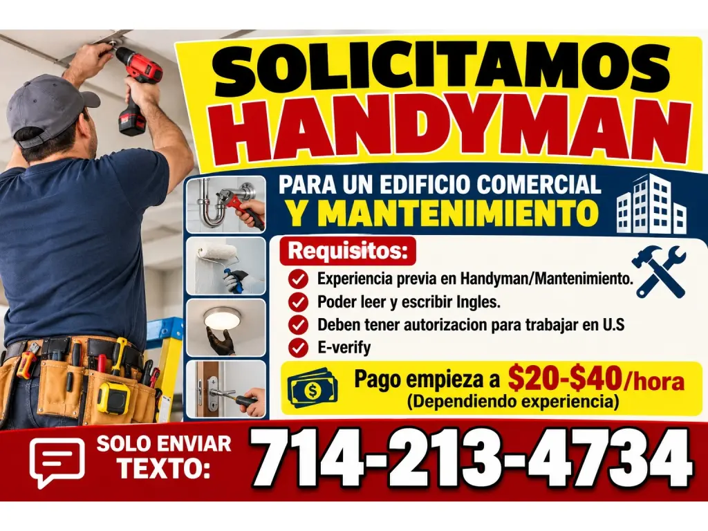 SOLICITAMOS HANDYMAN   PARA UN EDIFICIO COMERCIAL   Y MANTENIMIENTO
