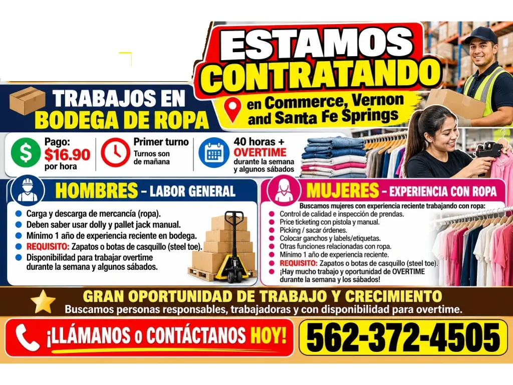 ESTAMOS CONTRATANDO En 📍Commerce, 📍Vernon and 📍Santa Fe Springs