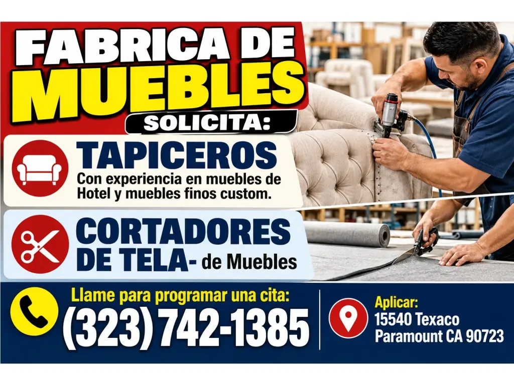 FÁBRICA DE MUEBLES📌SOLICITA TAPICEROS Y CORTADORES DE TELA