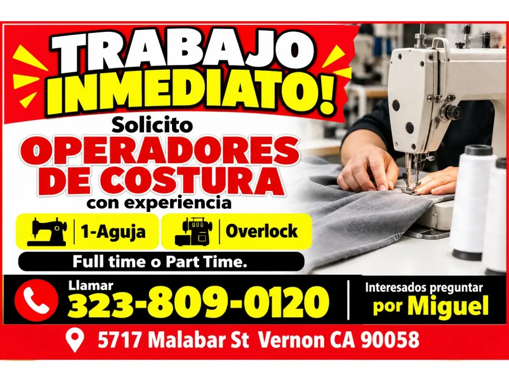 SOLICITO OPERADORES DE COSTURA 📌1-Aguja, 📌Overlock.