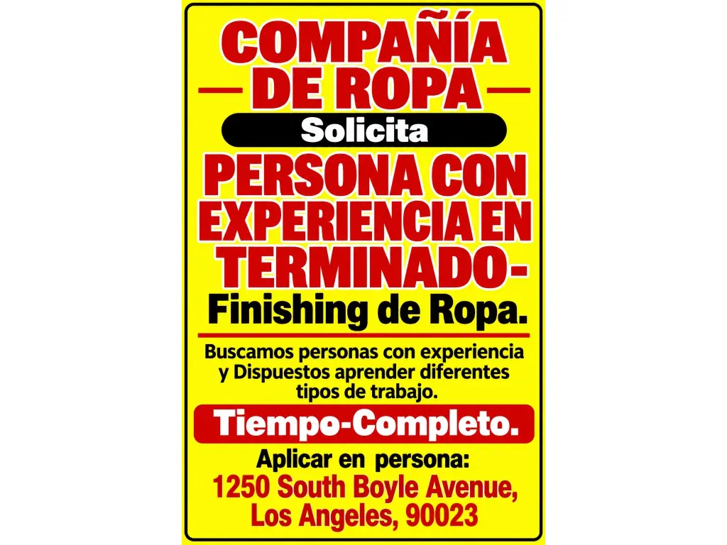 COMPAÑÍA DE ROPA- 📌Solicita PERSONA CON EXPERIENCIA EN TERMINADO