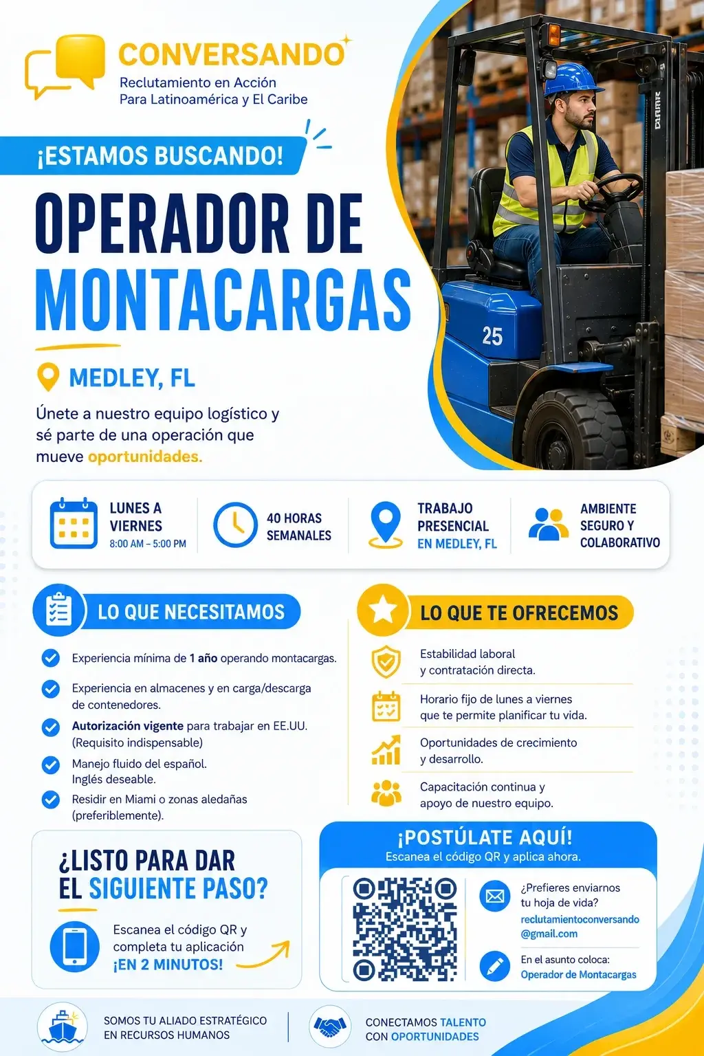 Buscamos Forklift Operator / Ayudantes de Bodega