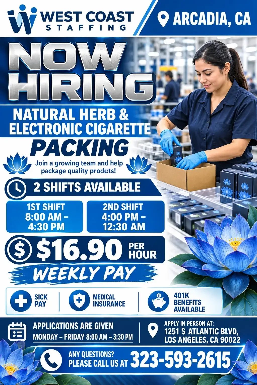 Electronic Cigarette & Natural Herb Packers in ARCADIA, CA. 1ST & 2ND SHIFT.