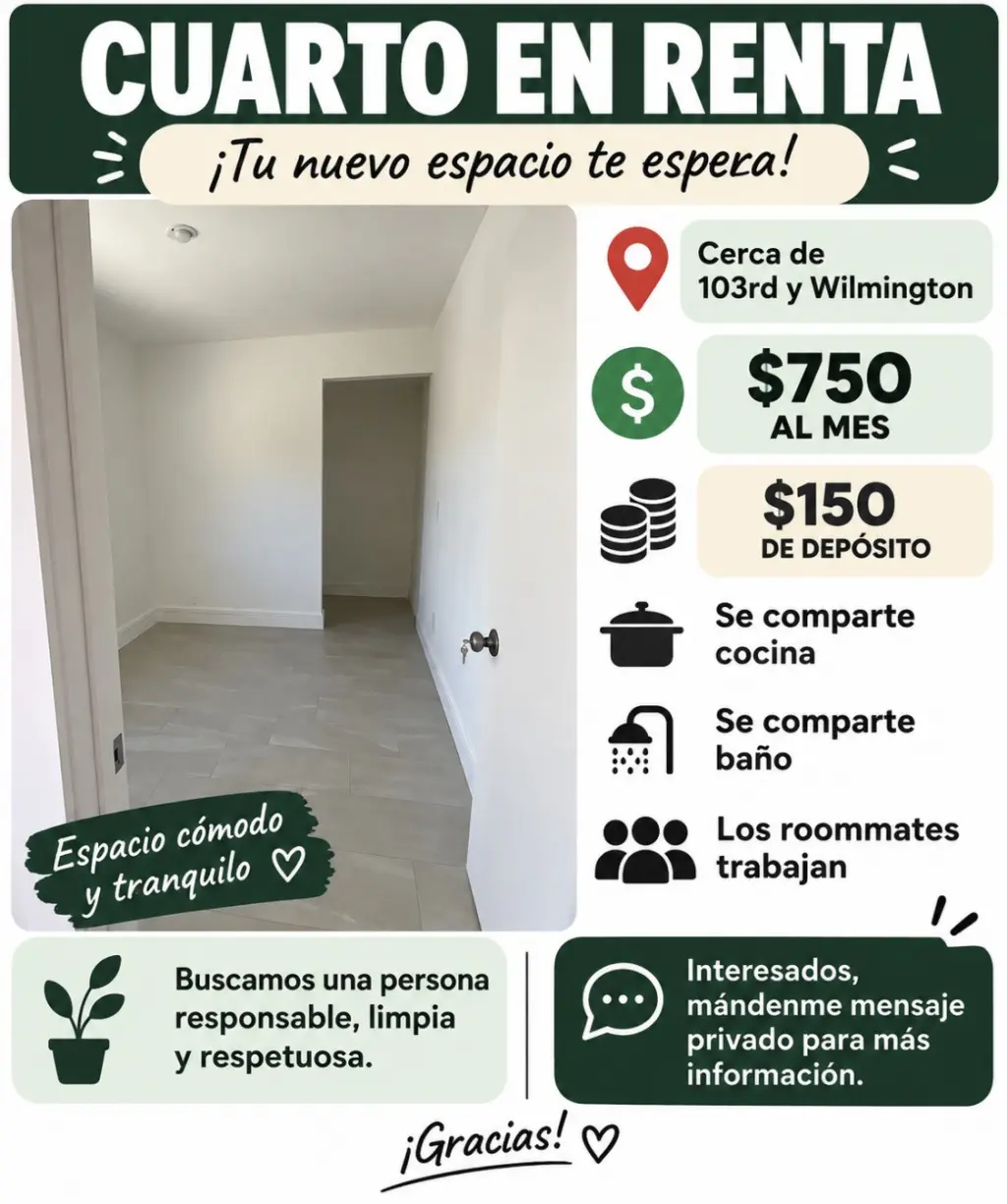 Cuarto en Renta Cerca de 103rd y Wilmington