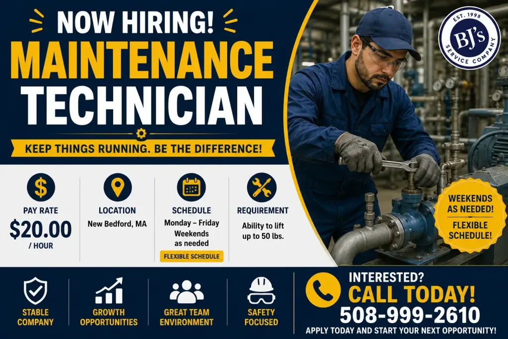 Maintenance Technician – $20/hr – New Bedford, MA