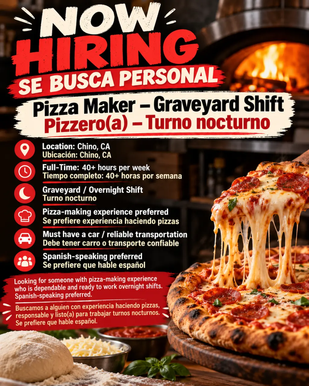 Se Busca Personal: Pizza Maker Turno Nocturno en Chino, CA