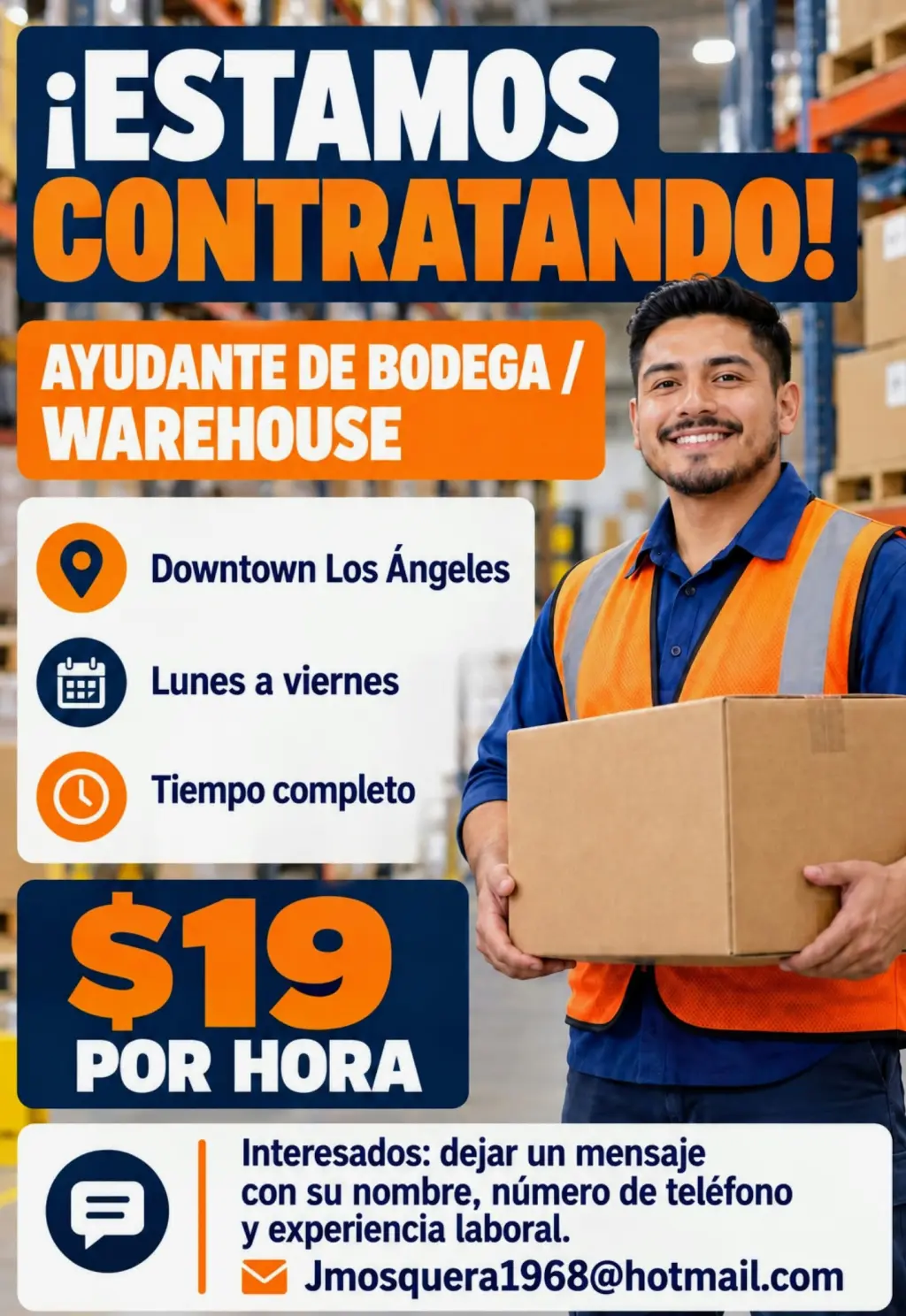 Oportunidad de Trabajo como Ayudante de Bodega - $19/hora