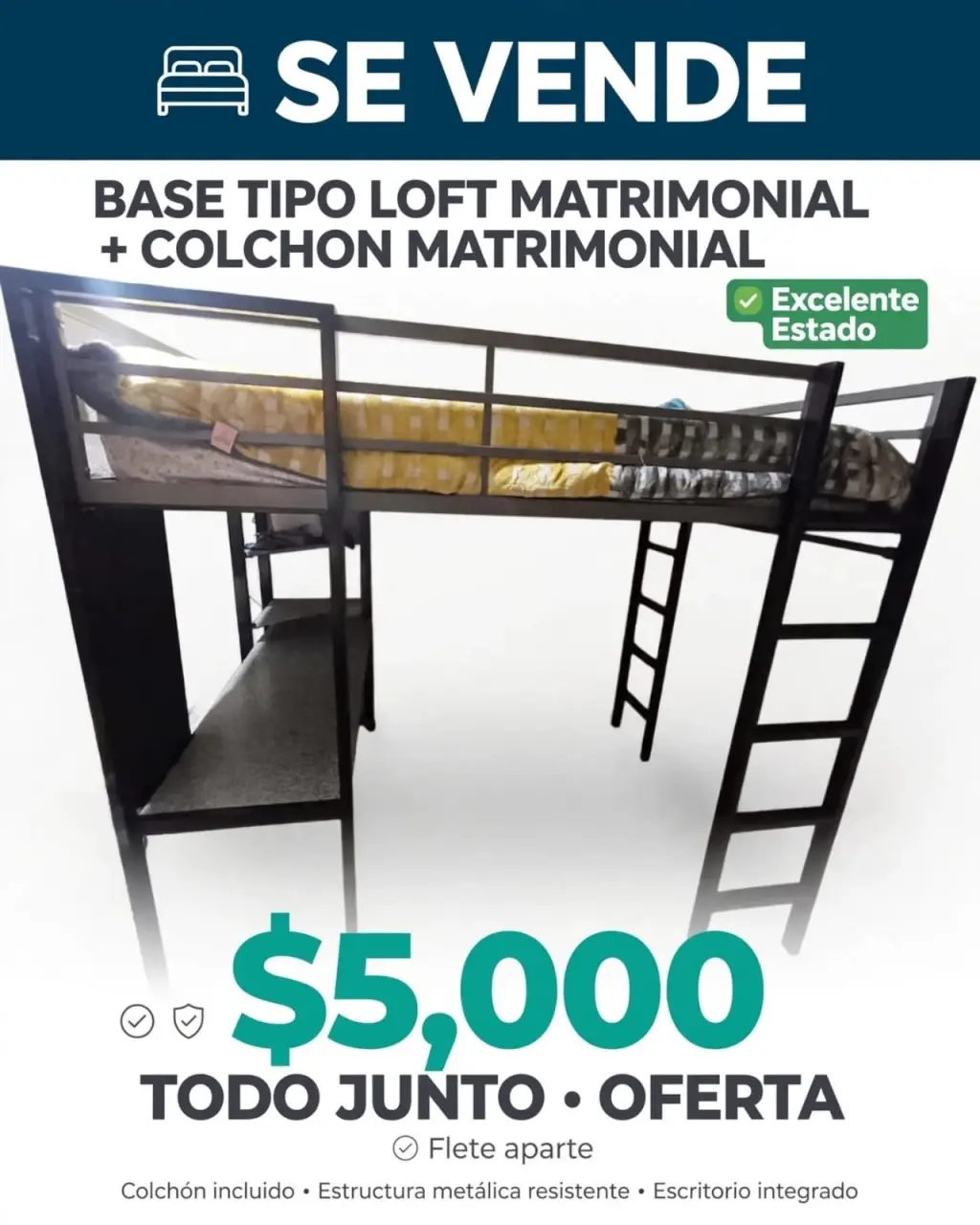 Base Tipo Loft Matrimonial con Colchón - Excelente Estado