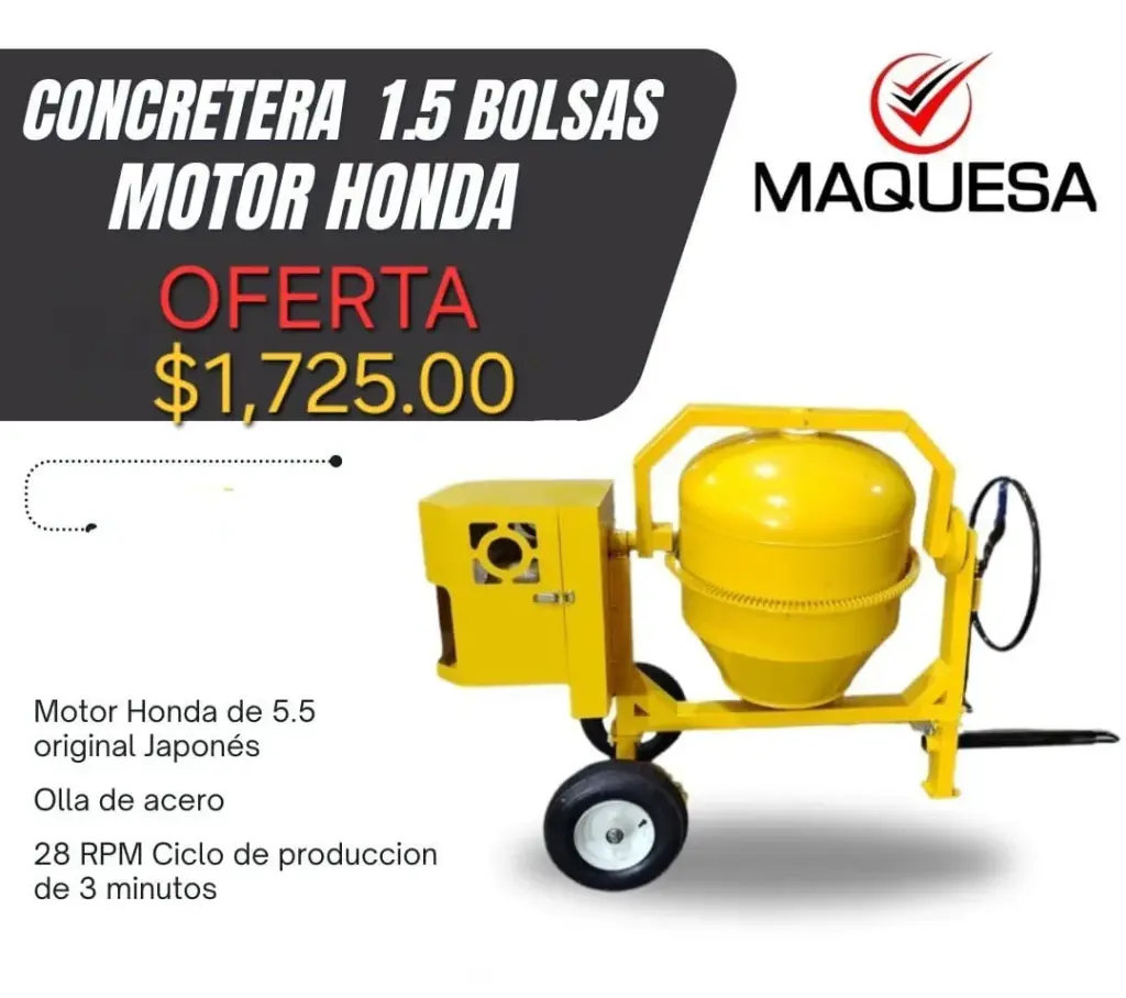 Concretera JF-HONDA 5.5 hp de 1.5 Bolsas en OFERTA.