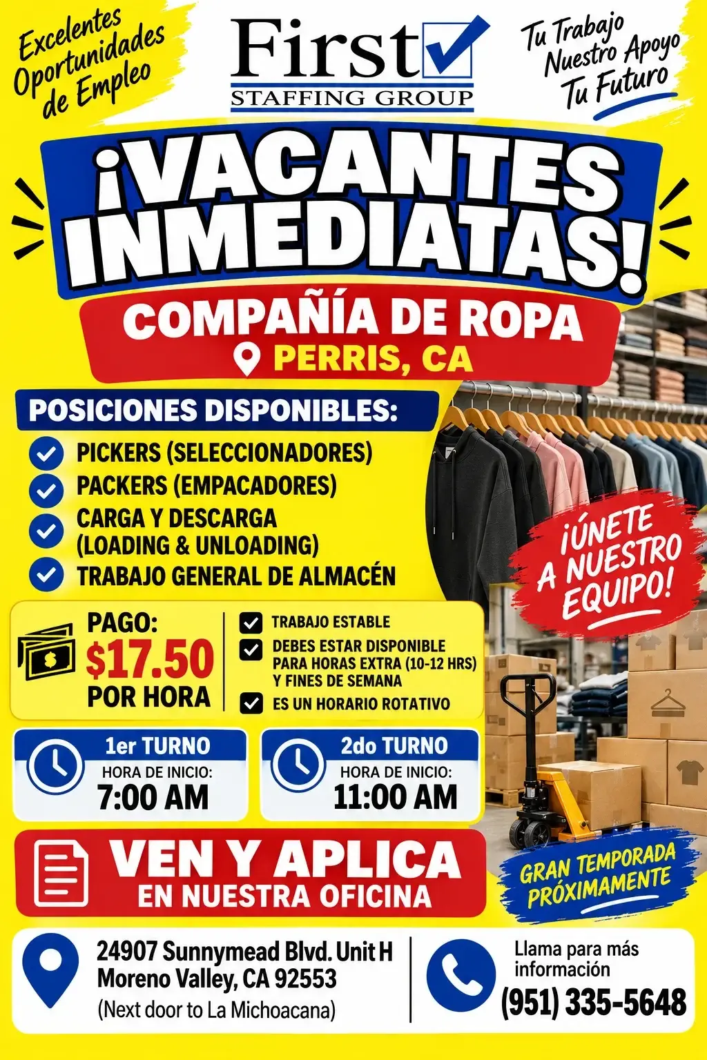 Vacantes Inmediatas en First Staffing Group