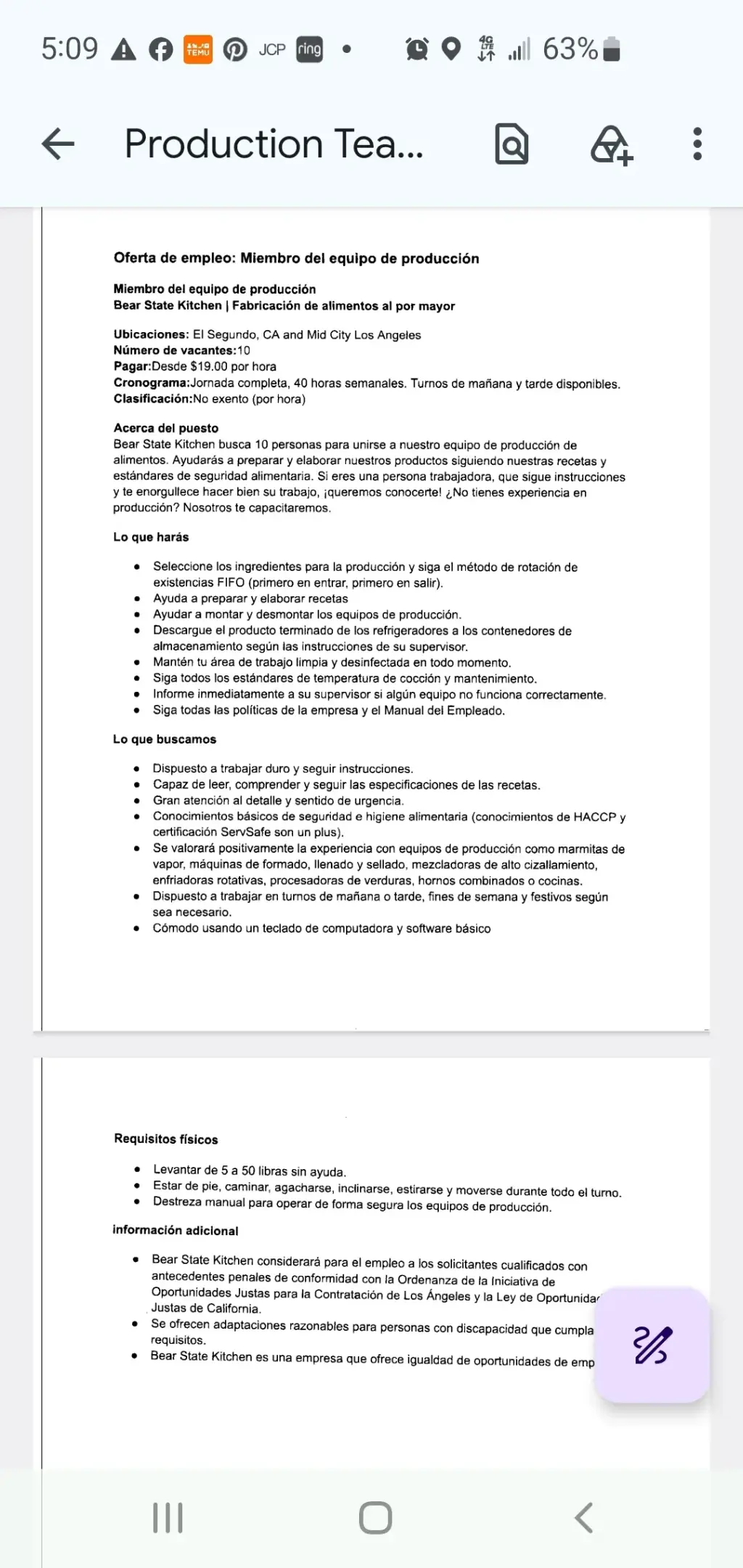 Puesto de supervisor de produccion en Bear Star Kitchen