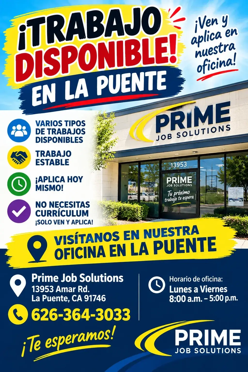 🔥 ¡TRABAJO DISPONIBLE EN LA PUENTE! VEN Y APLICA HOY 🔥