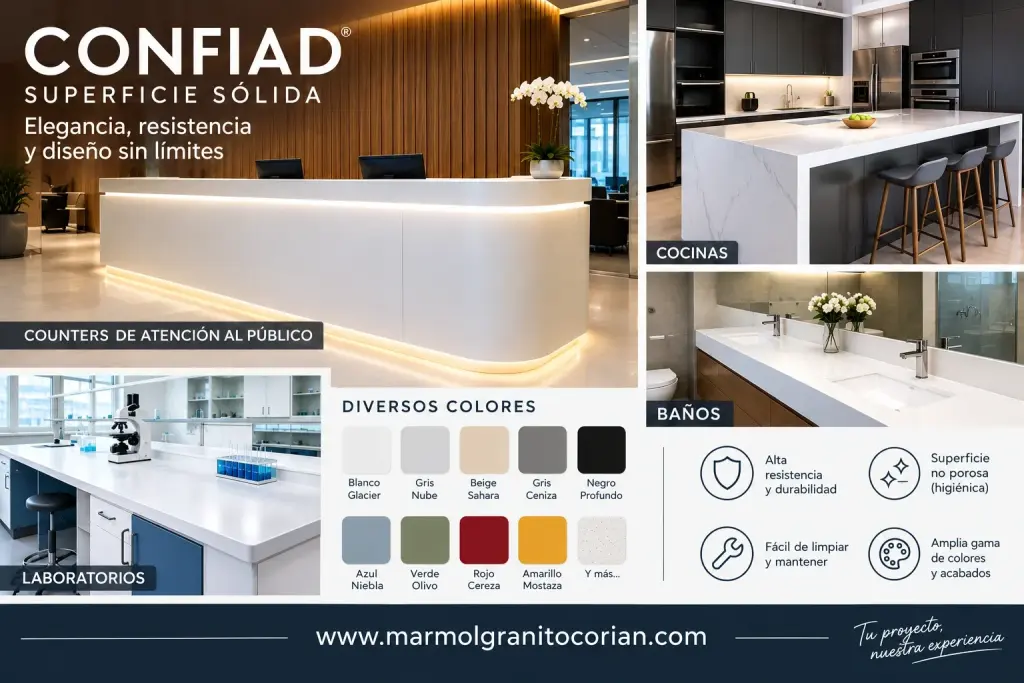 Confiad superficie solida para cocinas, counters, baños, laboratorios