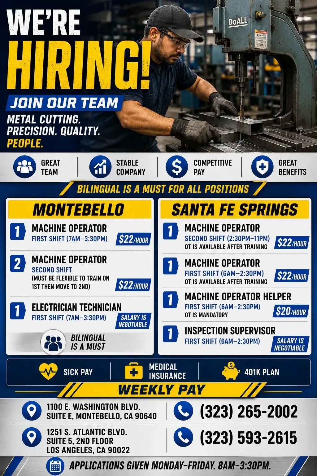 Bandsaw, metal grinding Machine Operators Needed. Montebello & Santa Fe Springs