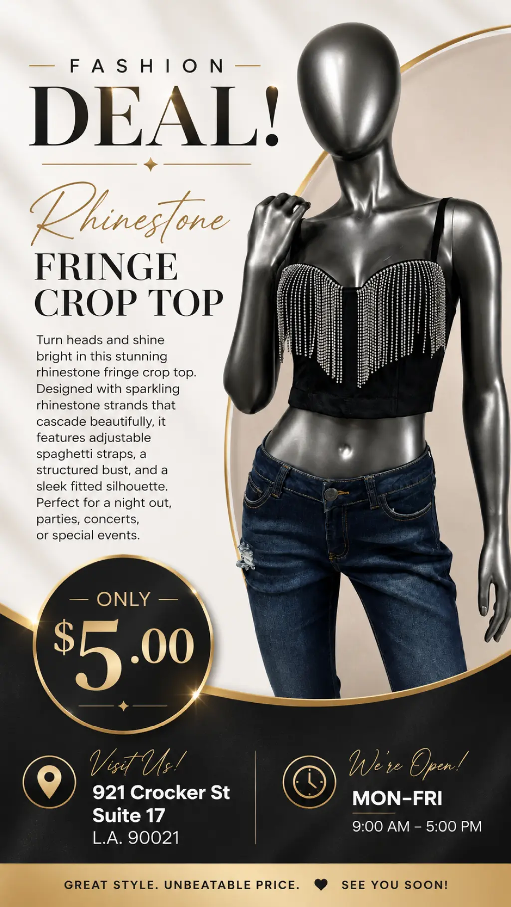 Top corto con flecos de pedrería (rhinestones) — ¡Oferta de moda!