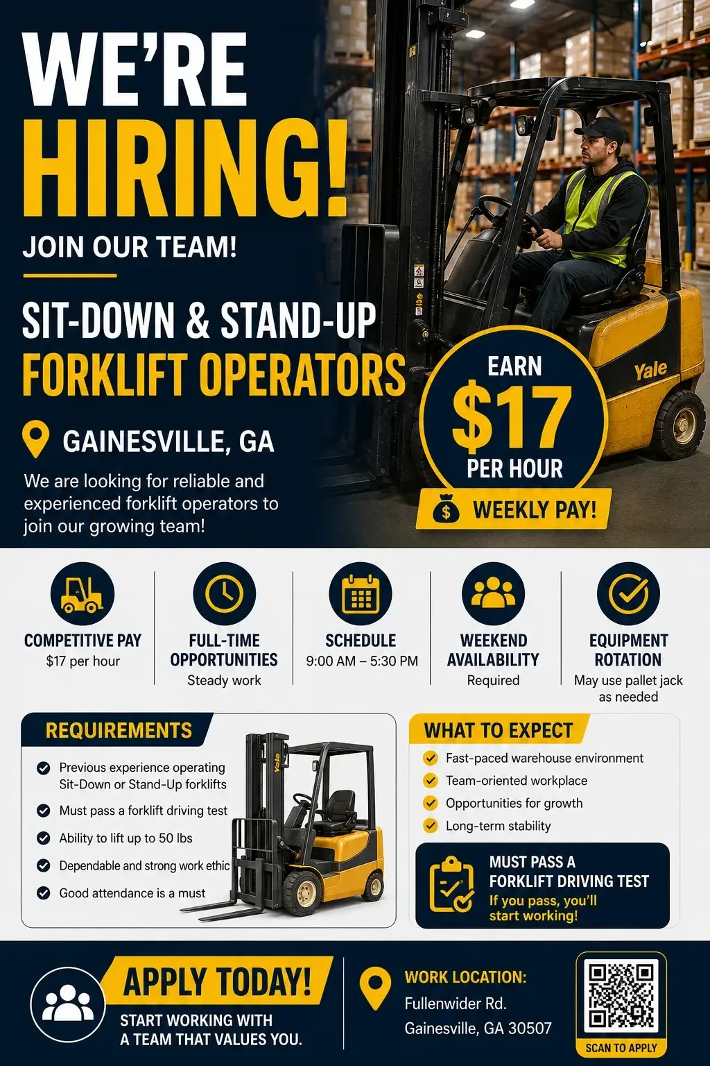 Reach & Sit-Down Forklift Operators – $17/hour.