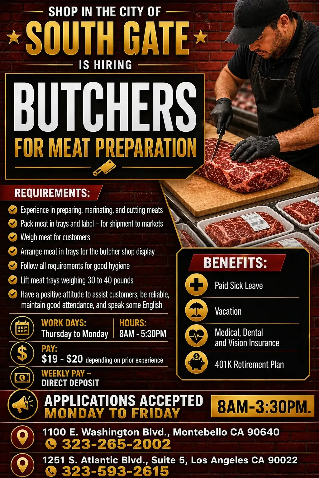 Carniceros/ Meat Cutters/ Butchers - South Gate, CA
